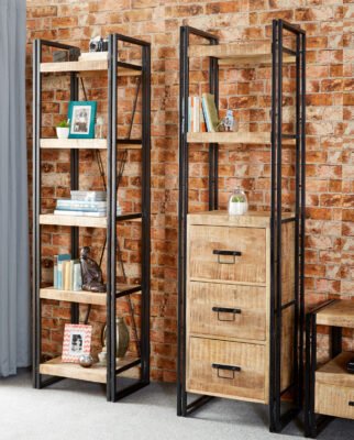 Soft Industrial Slim Hardwood & Metal Bookcase with Drawers