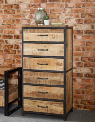 Soft Industrial Hardwood & Metal Tall Chest of Drawers