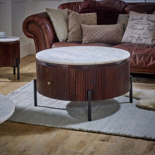 Opal Mango Wood Round Fluted Coffee Table with Marble Top and Metal Legs