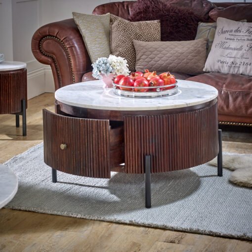 Opal Mango Wood Round Fluted Coffee Table with Marble Top and Metal Legs - Image 2