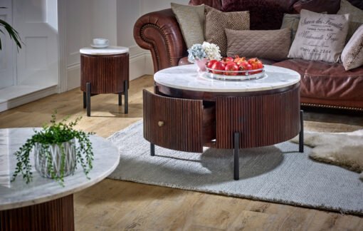 Opal Mango Wood Round Fluted Coffee Table with Marble Top and Metal Legs - Image 3