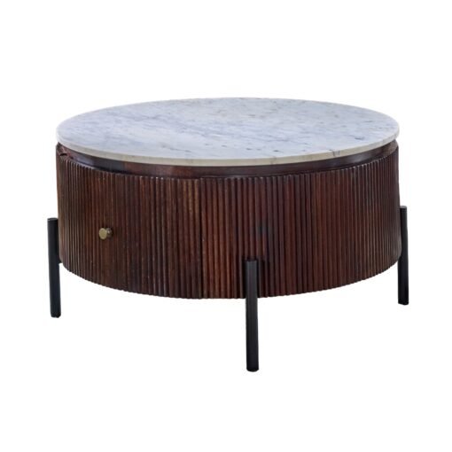 Opal Mango Wood Round Fluted Coffee Table with Marble Top and Metal Legs - Image 5