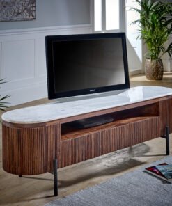 Opal Mango Wood Large TV Stand with Marble Top and Metal Legs