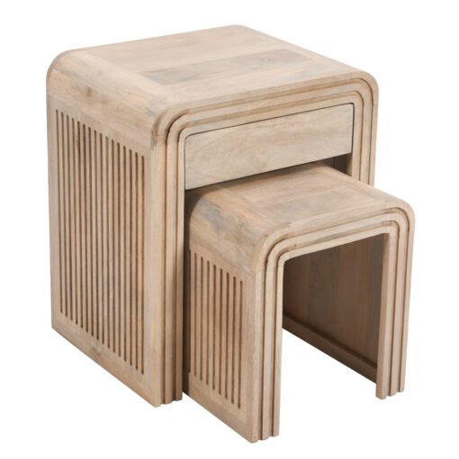 Hudson Carved Mango Wood Nest of 2 Tables with Drawer - Image 3
