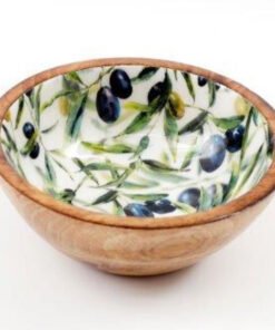 Olive Pattern Wood & Enamel Bowl (17.5cm)