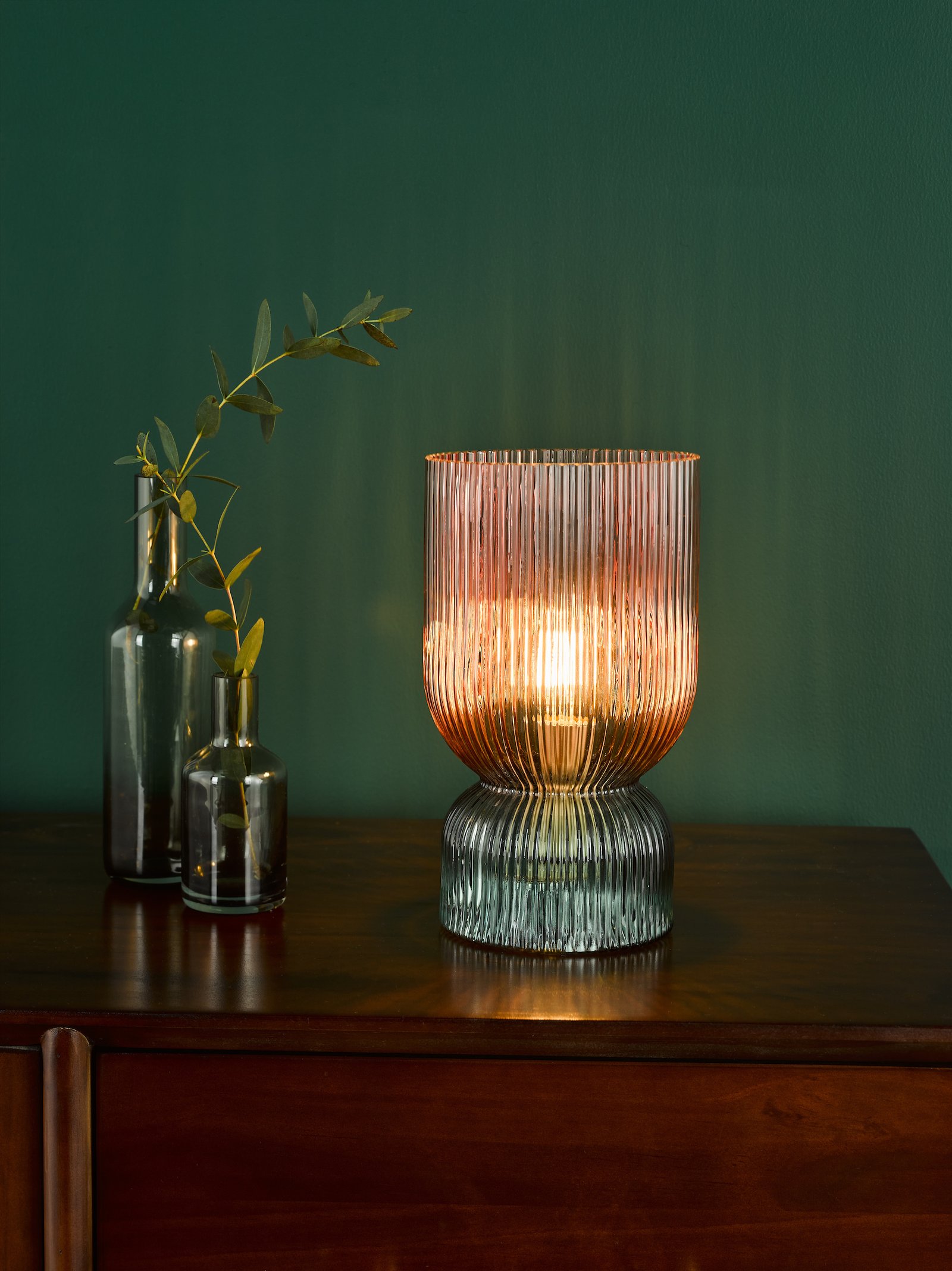 Rhubarb Table Lamp in Pink and Green Ribbed Glass