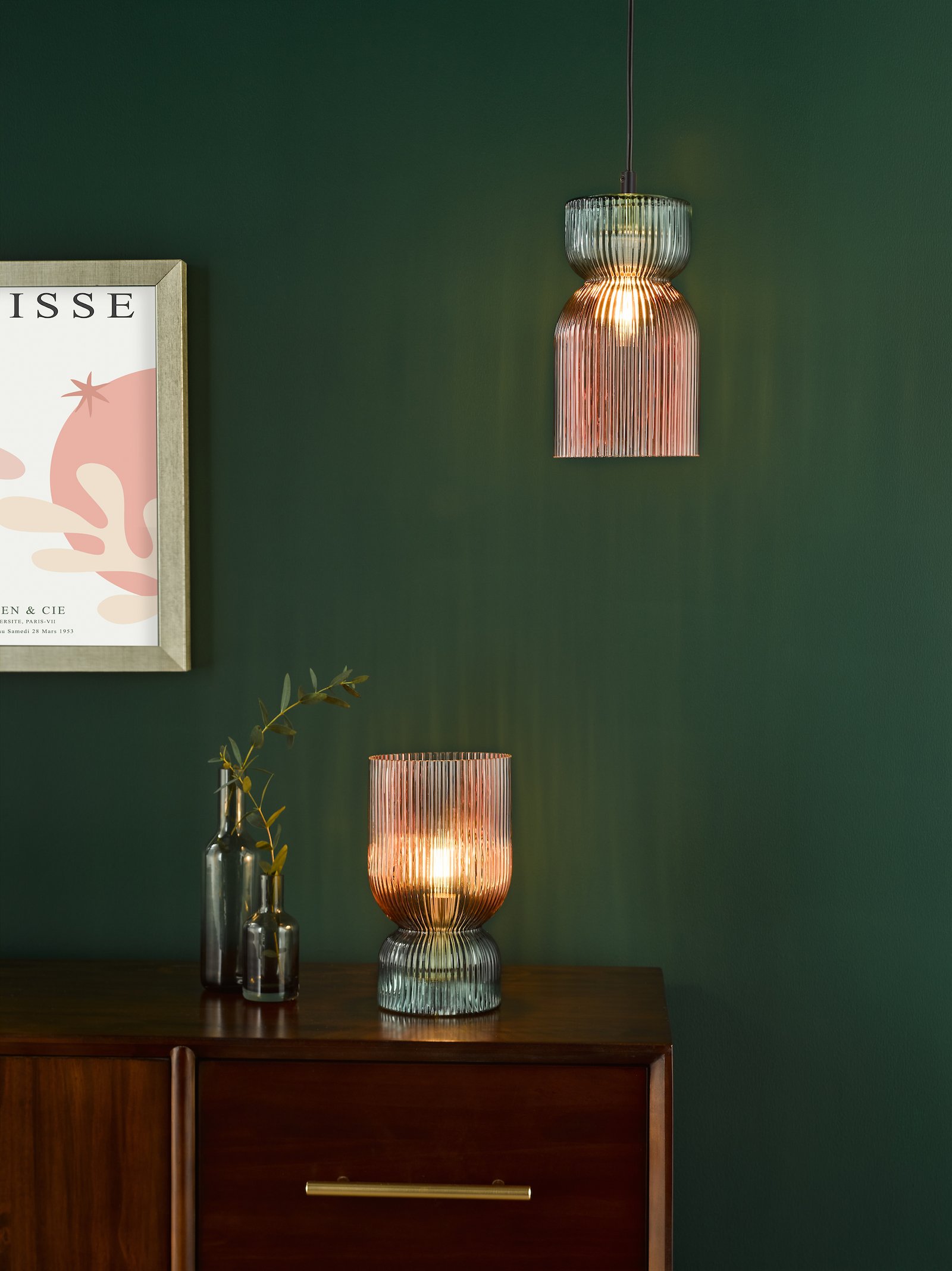 Rhubarb Table Lamp in Pink and Green Ribbed Glass - Image 9