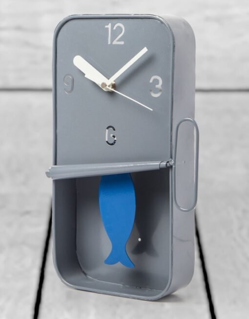 Metal Sardine Tin Clock with Fish Pendulum (Grey)