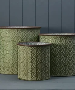Set of 3 Green Zinc Vintage Leaf Design Planters